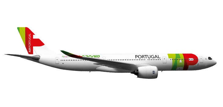 Avião Airbus A330-900neo da TAP Air Portugal, sobre fundo branco, com o trem de aterragem recolhido.  O logotipo "TAP" em verde e vermelho é visível em grande escala na fuselagem dianteira. A cauda tem as cores da TAP com o texto "AIR PORTUGAL". Está escrito “PORTUGAL” ao lado do logo TAP. A palavra “neo” em verde, com design moderno, aparece acima da asa, indicando que se trata do modelo mais recente e eficiente da família A330.